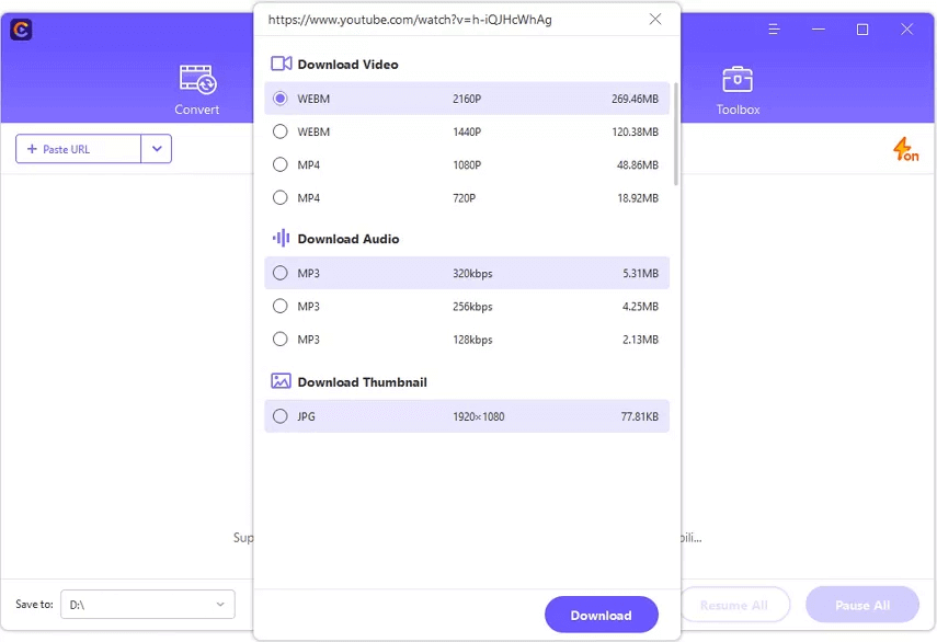 video formatini tanlang